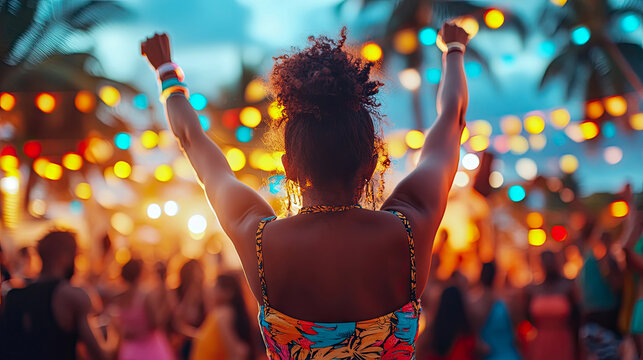 Energetic back view of person with glowing bracelets raising arms in joyful celebration at vibrant outdoor festival under canopy of colorful bokeh lights and palm trees