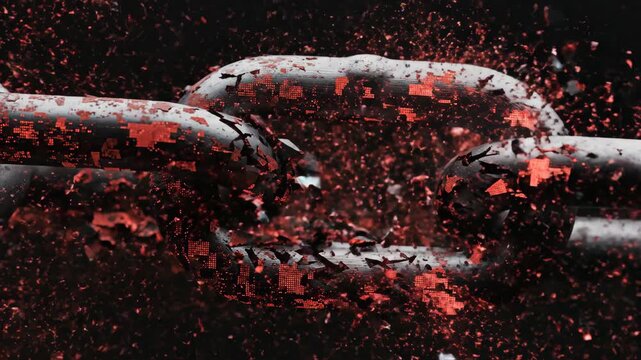 Metal chain link shattering in extreme closeup. Cinematic sequence of breaking bonds with red debris and sparks. Symbol of liberation and freedom from constraints.