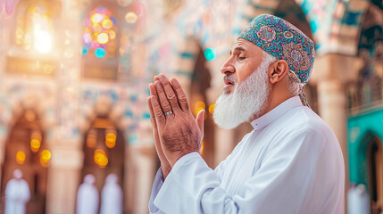 Spiritual moment captured: elderly man with long white beard and vibrant patterned cap, offering prayers with clasped hands and closed eyes in softly lit, ornate mosque with warm bokeh background.