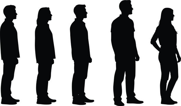 Vector Silhouette Set of Diverse People Standing in Profile View, Representing a Crowd, Queue, Lineup, Group of Individuals, or Architectural Scale Figures for Design Layouts