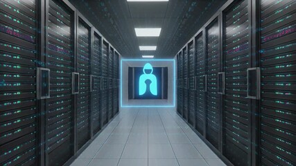 Cybersecurity concept: Glowing padlock icon in a modern server room with glowing data streams - Powered by Adobe