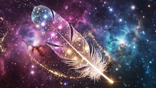 Cosmic feather floating against nebulous galaxy backdrop artistic render