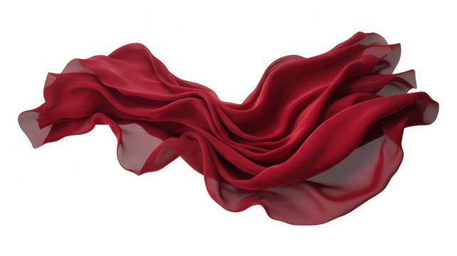 Flowing red silk fabric with translucent layers isolated on a transparent background