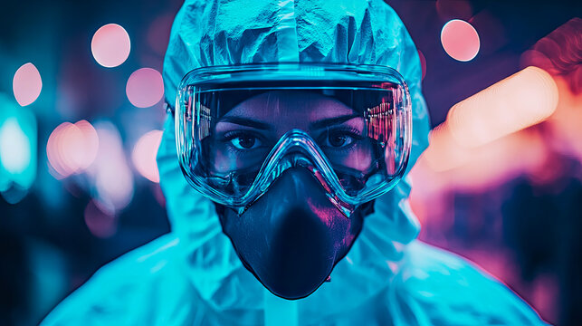 Intense gaze of healthcare worker or scientist in futuristic hazmat suit with safety goggles and respirator mask, bathed in vibrant neon blue and magenta light, amidst blurred bokeh city lights.