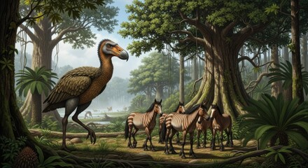 Naklejka premium Enigmatic coexistence: a feathered behemoth and striped equines in primeval forest