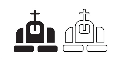 Tombstone icon with cross, grave marker symbol in solid and outline style