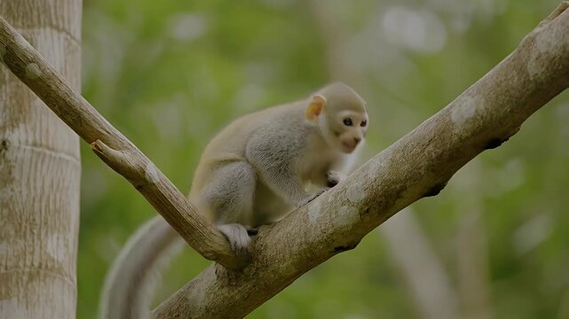Small primate sitting on a tree branch in lush forest