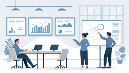 Dynamic business team presenting data-driven insights during a strategic meeting in a modern office, fostering collaboration and innovation for growth and success