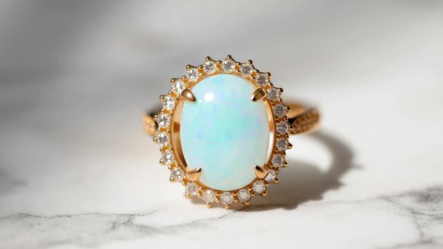 Elegant opal gemstone ring with a radiant oval stone framed by sparkling diamonds on a polished gold band resting on a softly lit marble surface