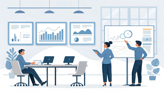 Dynamic business team presenting data-driven insights during a strategic meeting in a modern office, fostering collaboration and innovation for growth and success - Powered by Adobe