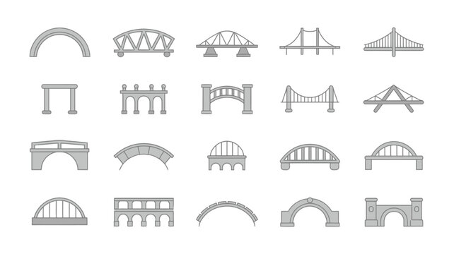 Set of bridge icons various architectural designs in simple flat vector style isolated on white background