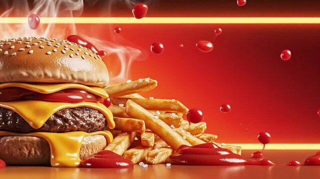 juicy cheeseburger with dripping melted cheese and sesame bun, crispy fries spilling beside it, glossy ketchup splashes in motion