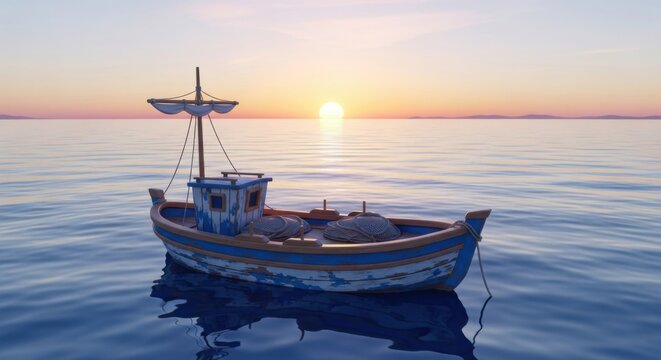 Tranquil seascape with a vintage fishing boat floating peacefully at sunset