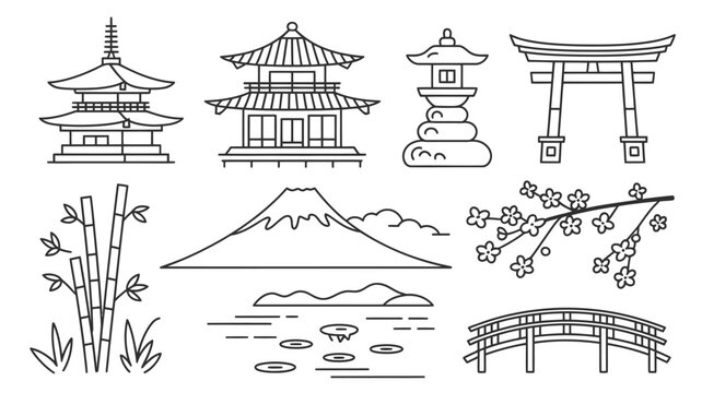 Set of Japan landmarks minimalist line art vector illustration of pagoda Mount Fuji torii gate and bamboo isolated on white background