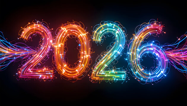 A vibrant and energetic display of the year 2026 constructed from glowing colorful light trails