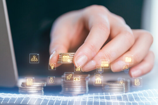 Stacking coins with digital icons representing financial growth and investment strategies in a modern workspace