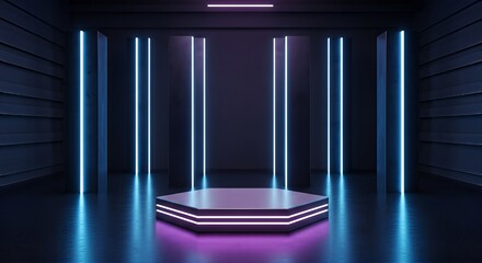Futuristic Neon Stage Podium with Blue and Purple Lights