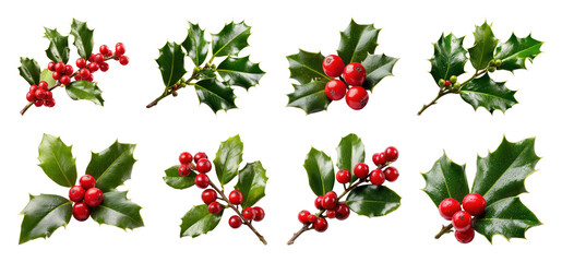 PNG Vibrant holly branches with berries, element set on transparent background