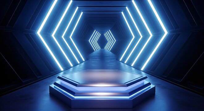 Futuristic Blue Neon Hexagon Tunnel with Empty Podium, Sci-Fi Stage, Abstract Technology Background - Powered by Adobe