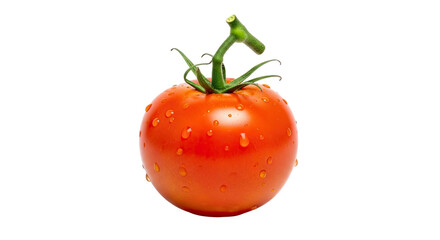 Ripe red tomato with green stem and water droplets—round, fresh, and vibrant, isolated on transparent background, ideal for culinary or nutritional reference