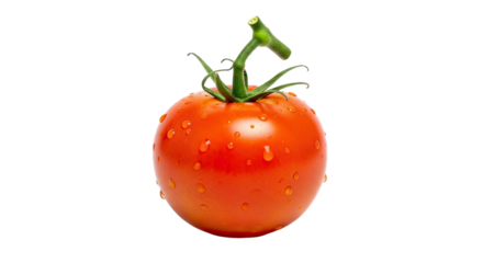 Ripe red tomato with green stem and water droplets—round, fresh, and vibrant, isolated on transparent background, ideal for culinary or nutritional reference
