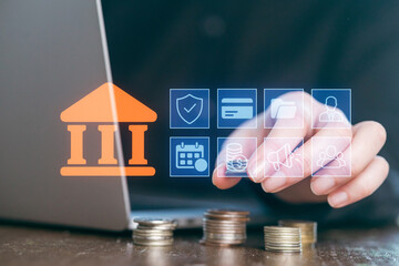 Digital banking activities with financial symbols and online services displayed on a laptop