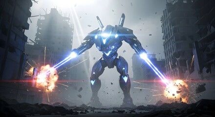 Futuristic Robot with Laser Guns in Post-Apocalyptic City