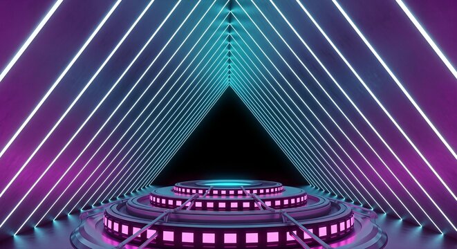Futuristic Neon Triangle Tunnel Stage Podium with Laser Lights