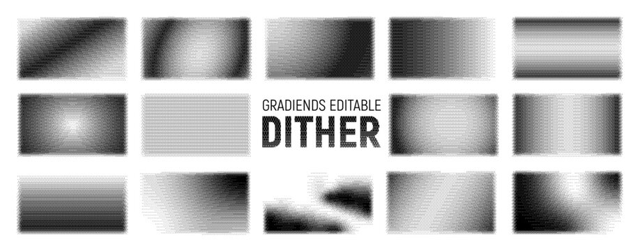 Bitmap dither pattern set and halftone pixel textures, classic black and white gradients and grain overlays in monochrome for vintage graphic design, print, and web.