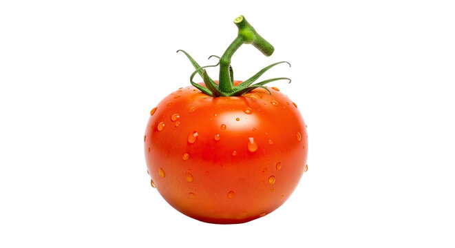 Ripe red tomato with green stem and water droplets—round, fresh, and vibrant, isolated on transparent background, ideal for culinary or nutritional reference
