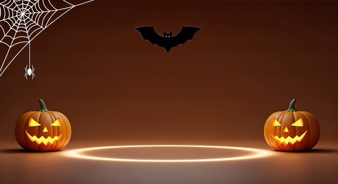 Halloween Theme Background with Jack O Lanterns, Spider Web, Bat, and Glowing Circle