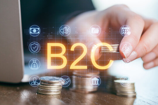 B2C commerce concept with digital currency and business symbols in a modern workspace setting