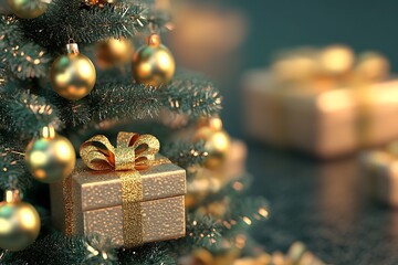 3D render of a glossy Christmas tree with metallic ornaments, soft lighting, and detailed gift boxes 