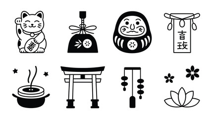 Set of Japanese lucky charm icons vector line art illustration traditional symbols for good fortune and celebration