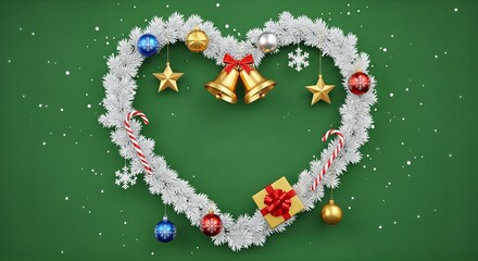 Heart Shaped Christmas Wreath with Ornaments, Bells, Candy Canes  Snowflakes