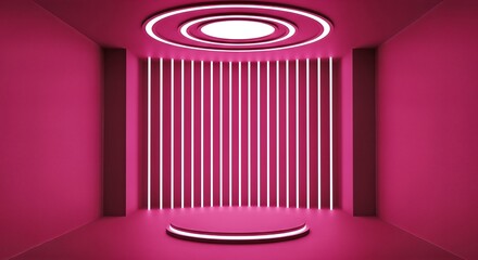 Futuristic Pink Studio Stage with LED Podium and Neon Light, Modern Showroom Background