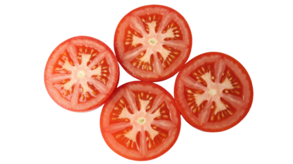 Four fresh tomato slices arranged in a cluster isolated on transparent background
