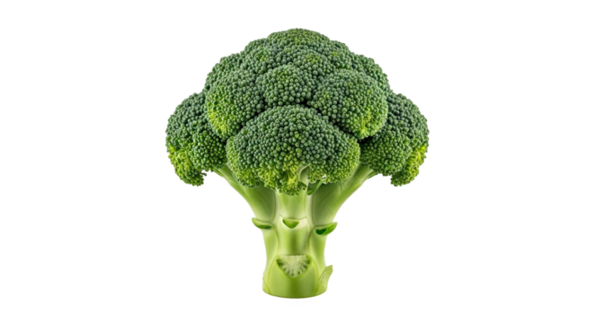 Single fresh broccoli floret with thick green stalk and dense bumpy head—vibrant, nutritious, and ideal for culinary or botanical reference
