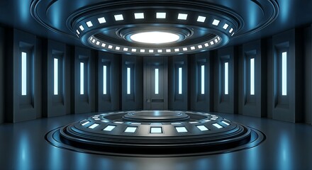 Futuristic Sci-Fi Room with Circular Platform and Blue Lights
