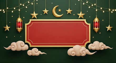 Ramadan Kareem Islamic Greeting Background with Moon, Stars, Lanterns, Clouds, and Copy Space