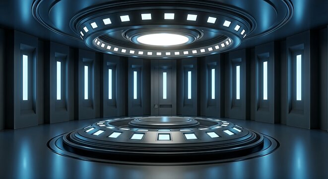 Futuristic Sci-Fi Room with Circular Platform and Blue Lights