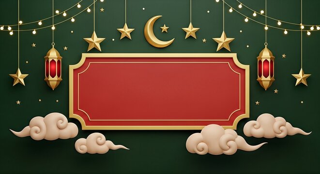 Ramadan Kareem Islamic Greeting Background with Moon, Stars, Lanterns, Clouds, and Copy Space - Powered by Adobe