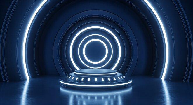 Futuristic Neon Podium Stage with Concentric Circles and Blue Lights