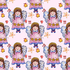Pattern con graziosi angeli ad acquerello e decorazioni natalizie, illustrazione su sfondo rosa