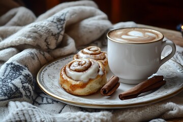 A cozy breakfast scene with cinnamon rolls, hot cocoa, and a Christmas napkin 