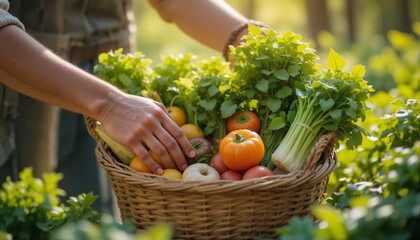Hands placing fresh vegetables into a charitable basket in soft daylight
