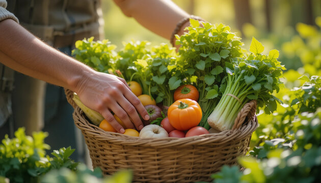 Hands placing fresh vegetables into a charitable basket in soft daylight