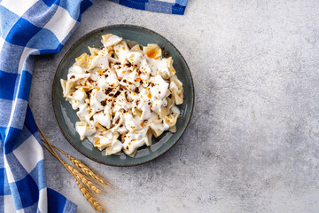 Traditional Turkish dish manti. Traditional dish made with handmade dough and minced meat.