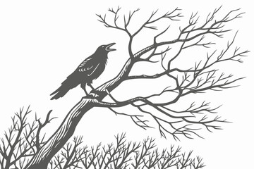 Crow on Bare Tree Print | Gothic Winter Nature Art