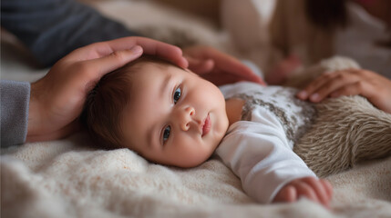 Infant lying on a blanket with parents’ hands gently placed nearby, baby’s face out of frame, soft atmospheric blur, with copy space